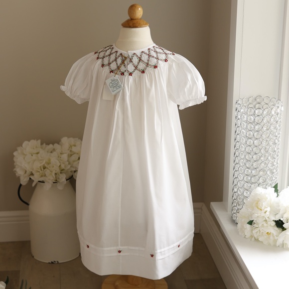 White Smocked Feltman Brothers Bishop Dress Red Green Embroidery NEW With Tag - Picture 4 of 6